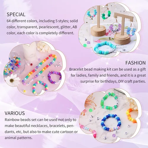 Miniatura 5 de QUEFE 2350 piezas, 64 colores, kit de cuentas de pony para hacer pulseras, kit de pulseras de amistad con cuentas de arcoíris Kandi, cuentas