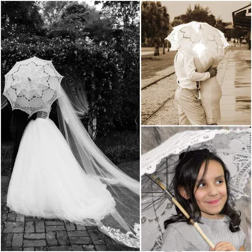 Miniatura 2 de Sombrilla de encaje para boda de algodón blanco con mango de madera para decoración