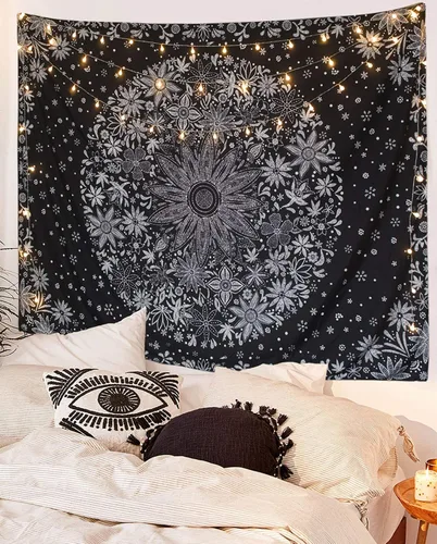 Miniatura 2 de Neasow Tapiz bohemio para colgar en la pared, tapiz floral blanco y negro con estampado de medallones de margaritas punteadas, para dormitorio