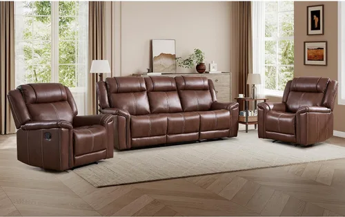 Miniatura 9 de EBELLO Sofá reclinable de cuero sintético de 3 plazas, sofá reclinable manual, silla de 3 asientos de estilo moderno de mediados de siglo con Marrón