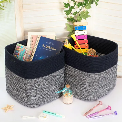 Miniatura 4 de MINTWOOD Design Paquete de 3 cestas de almacenamiento con cuerda tejida de 11x11 pulgadas y cestas para estante, organizador cuadrado decorativo
