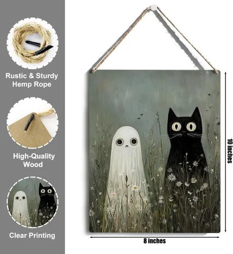 Miniatura 2 de Bonita decoración de Halloween, letrero de puerta de fantasma y gato negro, letrero colgante de madera para interiores, granja, hogar, baño