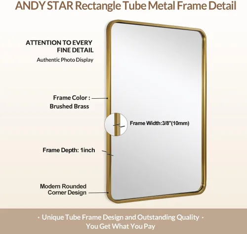 Miniatura 4 de ANDY STAR - Espejo de latón para baño, espejo rectangular redondeado de 22x30 pulgadas con marco de metal cepillado dorado, espejo de tocador