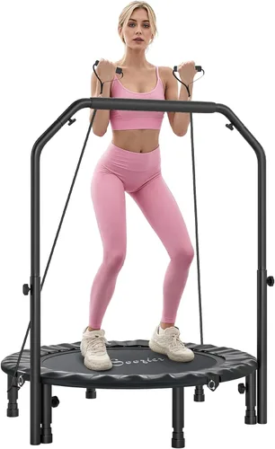 Soozier Trampolín Rebounder para adultos, mini trampolín plegable con barra de mango ajustable, silencioso y seguro Bungee Rebounder Saltar