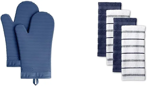 KitchenAid Juego de guantes de horno de silicona suave acanalados, color sauce azul, juego de 4 toallas de cocina Albany, algodón, sauce