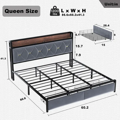 Miniatura 2 de Ailisite Marco de cama plataforma tamaño Queen con cabecero y cajones de almacenamiento, marco de cama plataforma tapizado gris con puerto de carga