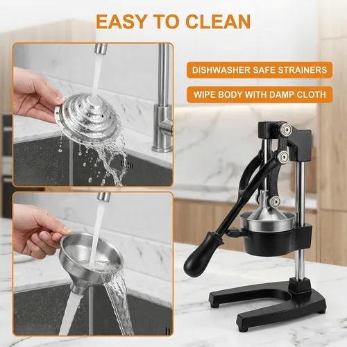 Miniatura 6 de Exprimidor de cítricos de hierro fundido – Prensa manual naranja resistente de 13.8 libras, taza y colador de acero inoxidable 304, exprimidor