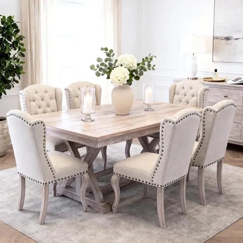 Miniatura 5 de chairus Juego de 4 sillas de comedor con diseño capitoné Parsons, tapizadas de estilo rústico francés con ribete de cabeza de clavo y patas