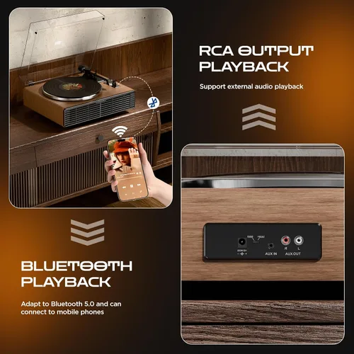 Miniatura 4 de XJ-HOME Reproductor de discos de vinilo Bluetooth con altavoces estéreo integrados, tocadiscos de alta fidelidad para discos de vinilo con cartucho