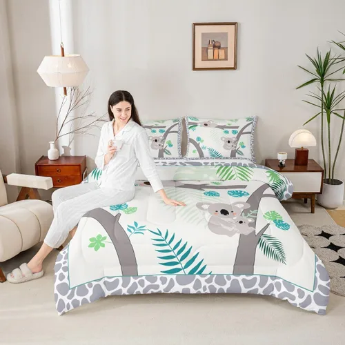 Homewish Juego de edredón Kawaii Koala, juego de ropa de cama con hojas tropicales para niños, niñas y mujeres, edredón acolchado con hojas de palma