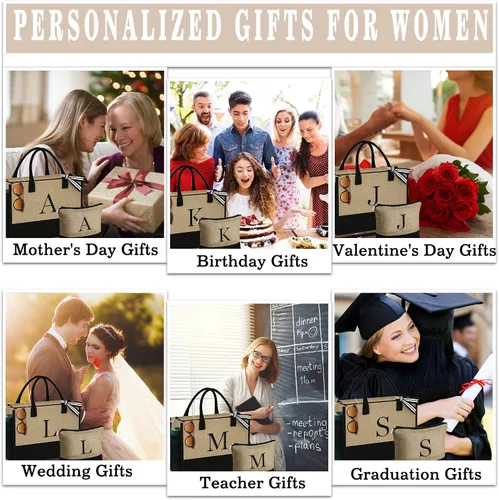Miniatura 7 de YOOLIFE Regalos de Navidad para mujeres, bolsa de yute con inicial y bolsa de maquillaje, regalos de cumpleaños para mujeres, mamá, esposa