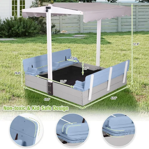 Miniatura 7 de Caja de arena de madera para niños con toldo, 2 asientos de banco plegables, forro retráctil de protección de arena para techo de 47 x 47 pulgadas