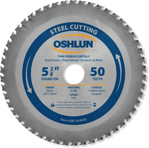 Oshlun SBF-054050 Hoja de sierra FTG de 5-3/8 pulgadas de 50 dientes con eje de 0.787 in (bujes de 5/8 pulgadas y 0.394 in) para acero suave fino y