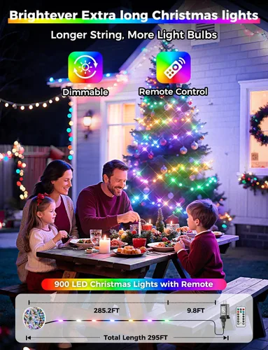 Miniatura 2 de Brightever Luces LED para árbol de Navidad, 900 bombillas de 295 pies, luz de Navidad exterior enchufable con control remoto, 8 modos