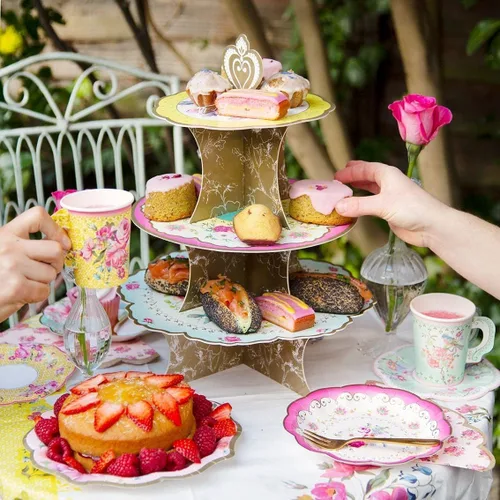 Miniatura 6 de Talking Tables Platos de papel floral vintage de 24 x 7 pulgadas para el día de la madre, fiesta de té, platos desechables florales festoneados