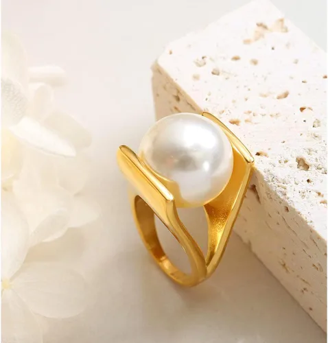 Miniatura 5 de OIDIMS Anillo de perlas exageradas de acero inoxidable en forma de Y, estilo único, anillos grandes personalizados, joyería de ajuste cómodo