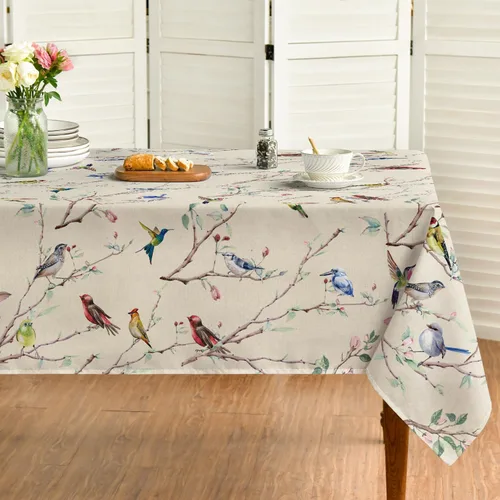 Horaldaily Mantel de primavera 52×70 pulgadas rectangular, mantel con diseño de pájaros en ramas y flores beige, lavable, mantel de temporada para