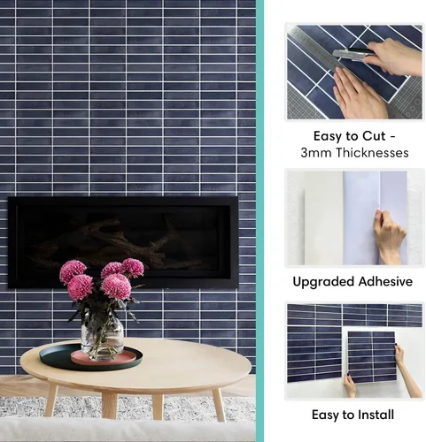 Miniatura 4 de Commomy Azulejos de pared de PVC ultraligero de 11.8 x 11.8 pulgadas, 10 unidades, color azul marino mate, para cocina, baño, inquilinos, azulejos