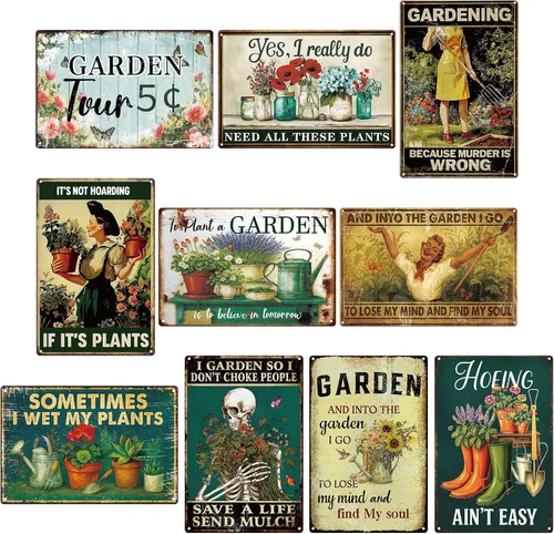 10 letreros de metal vintage divertidos para jardín, de 12 x 8 pulgadas, rústico, con flores retro, decoración de pared para invernadero, para