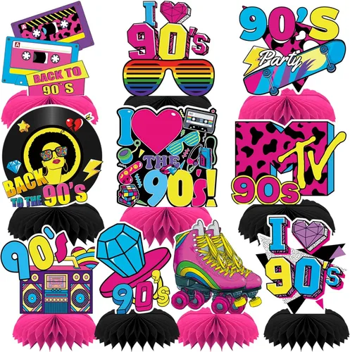 10 Piezas Decoraciones de Fiesta de los Años 90, Centros de Mesa de Panal Retro de los Años 90 Regreso a los 90 Centros de Mesa de Fiesta de los