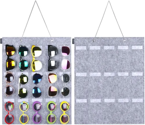 Miniatura 11 de AROUY Organizador de gafas de sol, organizador de gafas con bolsillo para colgar en la pared - Organizador de gafas de sol con 16 ranuras de fieltro