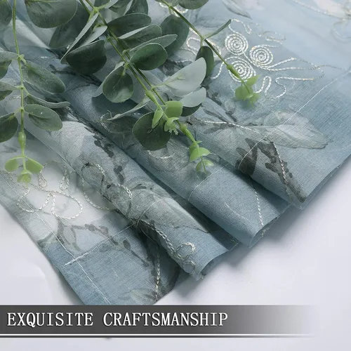 Miniatura 7 de Tollpiz - Cortinas cortas florales azules transparentes, con diseño de flores y enredaderas bordadas, cortinas de media cocina para café