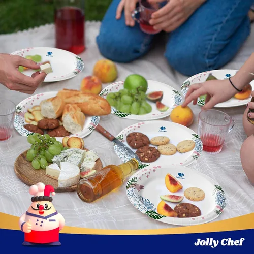 Miniatura 7 de JOLLY CHEF Platos de papel desechables resistentes con estampado de flores, a prueba de remojo, cortes, resistentes para uso diario