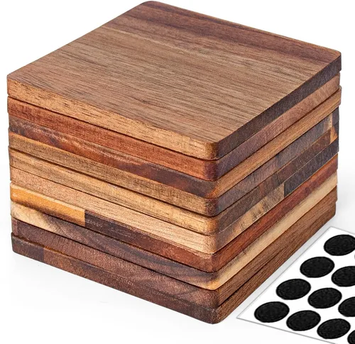 10 posavasos de madera sin terminar, posavasos cuadrados de madera de acacia de 4 pulgadas para manualidades con puntos de silicona antideslizantes
