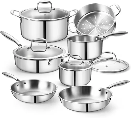 Juego de 11 piezas de ollas y sartenes, juego de utensilios de cocina de acero inoxidable 18/10, compatible con inducción, revestimiento libre de