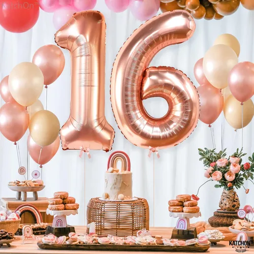 Miniatura 7 de KatchOn, Globo de oro rosa con el número 16 de 40 pulgadas Globo de aluminio para decoraciones de cumpleaños de 16 años para niñas Globo de oro
