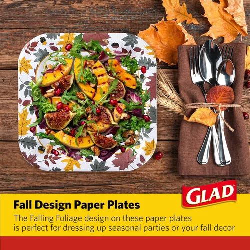 Miniatura 4 de Glad - Platos desechables cuadrados de papel, patrón de follaje otoñal - Platos decorativos fuertes, resistentes, a prueba de remojo y aptos