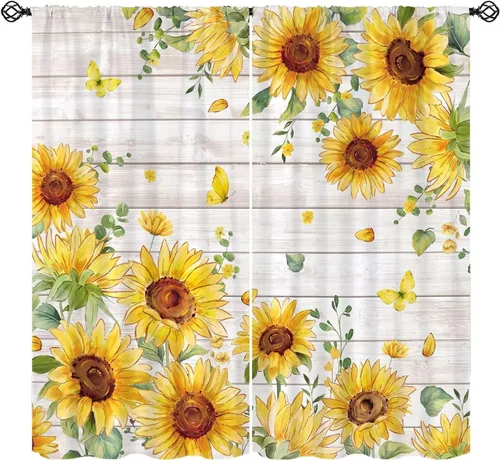 Miniatura 8 de Sunflower Curtains for Living Room Bedroom, Spring Nature Blue Sky and Butterfly Window Drapes, Rustic Wooden Fence Floral Botanical Decor, 2 Panels