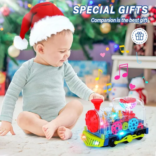 Miniatura 7 de Juguetes de tren iluminado para niños pequeños, juguetes sensoriales interactivos para autismo con engranajes móviles coloridos, música y luz LED