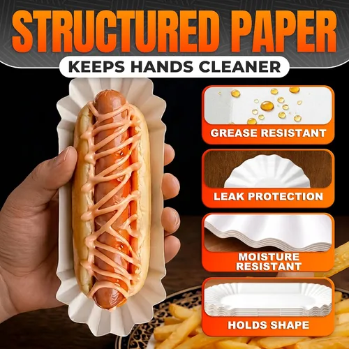 Miniatura 3 de 50 bandejas desechables para perros calientes para fiestas y barbacoas, bandejas de papel duraderas para perros calientes desechables para servir
