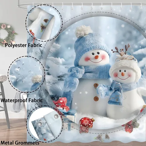 Miniatura 6 de Cortinas de Ducha de Navidad para Baño, Azul Lindo Muñeco de Nieve Árbol de Navidad Invierno Paisaje Natural Juego de Cortinas de Ducha, Tela