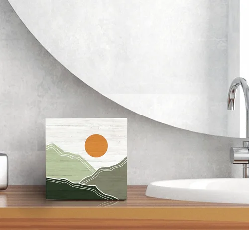 Miniatura 6 de SRADMO Caja abstracta de madera con diseño de montañas y sol bohemio, decoración de escritorio, paisaje de naturaleza bohemia, caja de bloques