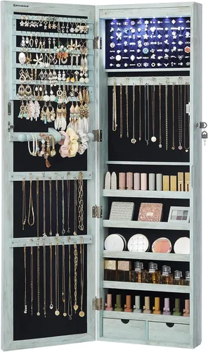 Miniatura 27 de Songmics - UJJC93W - Armario para joyas que se puede cerrar con llave, de montaje en pared o puerta, con espejo de 6 luces LED, para organización