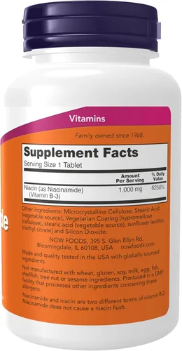 Miniatura 2 de Now Foods Suplementos, Niacinamida (Vitamina B-3) 1000 mg, Producción de Energía*, 90 Tabletas, Blanco, Blanquecino