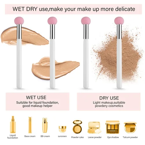 Miniatura 5 de Sibba Juego de 4 brochas de base de maquillaje con mango rosa y blanco para polvo, rubor, contorno y corrector, incluye esponja, pinceles de mezcla