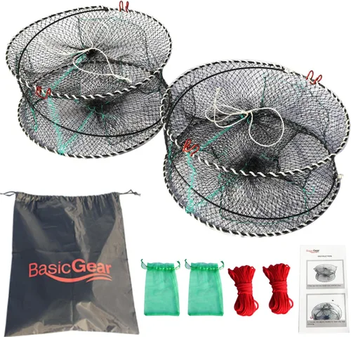 BasicGear Trampa de resorte para cangrejo, 2 piezas, trampa de cebo para langosta, cangrejos de cangrejo, camarones, trampas de pesca plegables