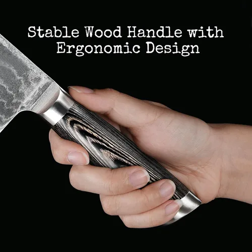 Miniatura 5 de Cuchillo Damasco Nakiri, cuchillo de cocina profesional de 7 pulgadas con mango ergonómico de madera antideslizante, japonés 10Cr15CoMoV, cuchillo