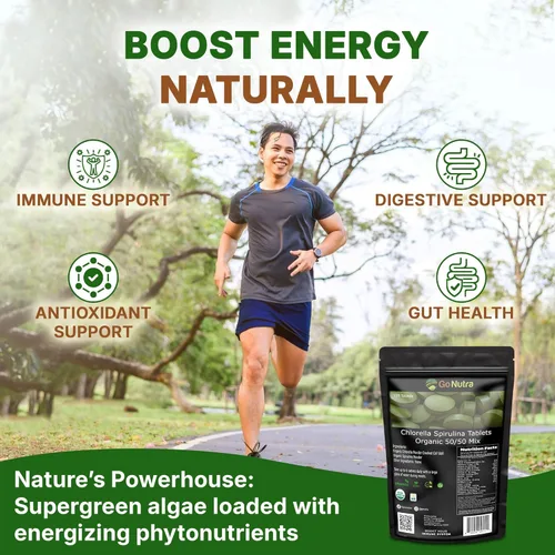 Miniatura 2 de Go Nutra Comprimidos orgánicos de espirulina Chlorella mezcla 50/50 Superalimento denso en nutrientes – Proteína vegana, clorofila, enzimas 500