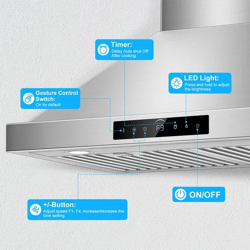 Miniatura 9 de Campana extractora de pared de 36 pulgadas, 1200 CFM con control de gestos y táctil de 4 velocidades, campanas de ventilación de cocina con Montaje