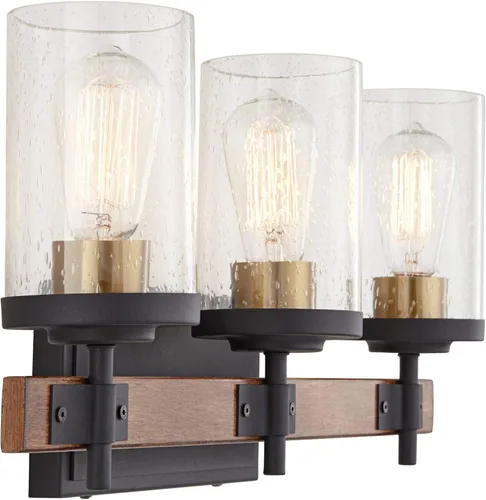 Miniatura 7 de Possini Euro Design Kata Farmhouse - Lámpara de pared rústica de madera sintética negra con cable de 22 pulgadas, 3 lámparas, cristal cilíndrico
