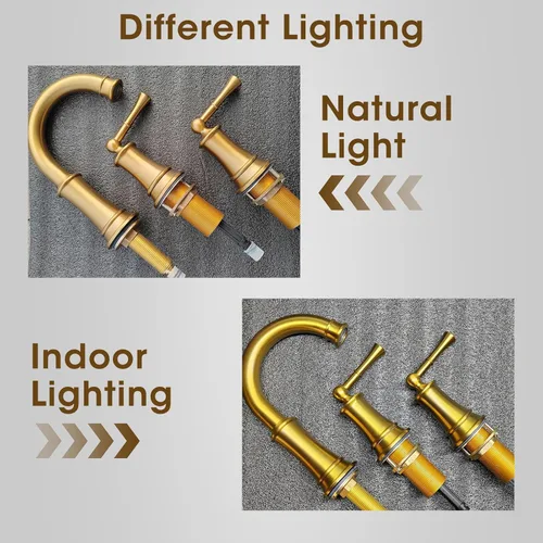 Miniatura 9 de Grifo de baño de oro cepillado de 8 pulgadas, construcción de latón sólido, grifo de baño dorado de 3 orificios con desagüe emergente y 2 mangueras