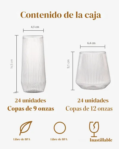 Miniatura 2 de BESTSTAR Paquete de 48 vasos desechables de plástico con nervaduras estilo origami - 24 flautas de champán sin pie de 9 onzas y 24 vasos de 12