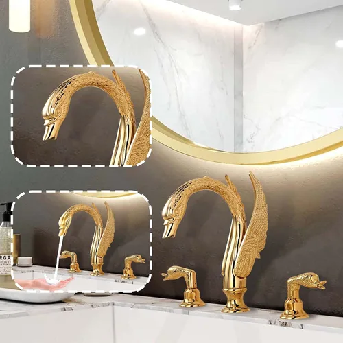 Miniatura 4 de Oro dorado adornado estilo cisne baño fregadero grifo combinado cubierta montaje fregadero mezclador grifo conjunto agua fría caliente
