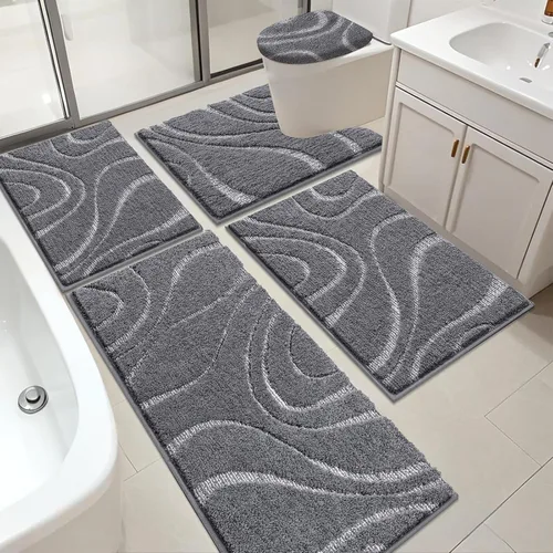 Miniatura 23 de Juego de alfombras de baño HEBE de 5 piezas, tapete de baño de microfibra suave y absorbente para el baño, juego de alfombras de baño antideslizante