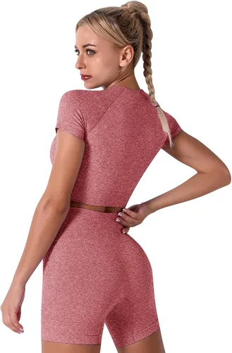 Miniatura 5 de Conjunto de yoga para mujer sin costuras pantalones cortos de ejercicio de cintura alta con brasier deportivo 3 piezas conjunto deportivo