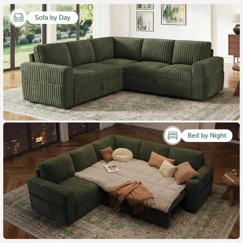 Miniatura 4 de HONBAY - Sofá seccional modular con cama desplegable, sofá en forma de L de pana con almacenamiento, sofás seccionales para sala de estar, verde